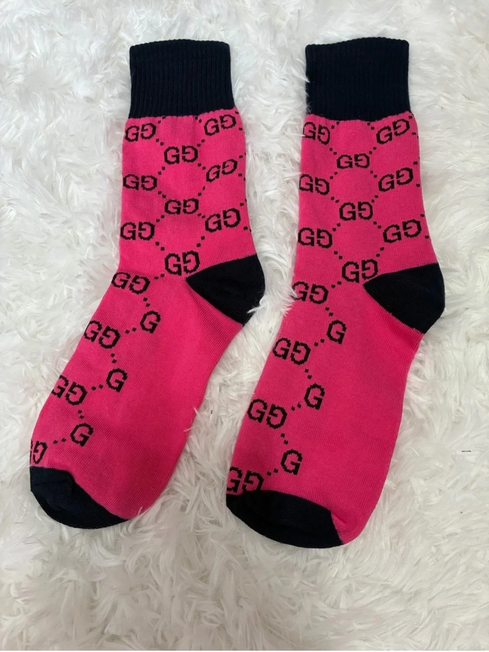 Gucci Pink GG Logo Crew Socks with Black Accents